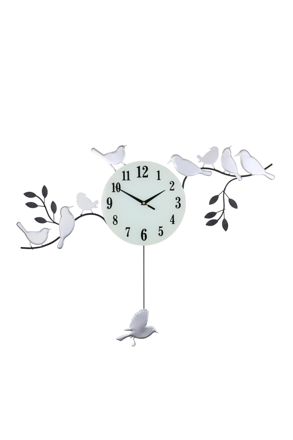 White and Black Metal Wall Clock with Birds and Pendulum