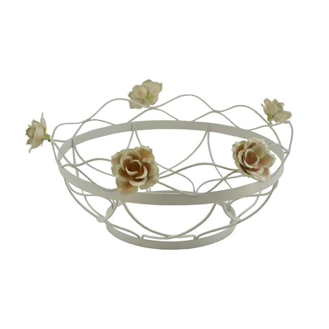 White and Pale Orange Metal Fruit Bowl with Floral Design