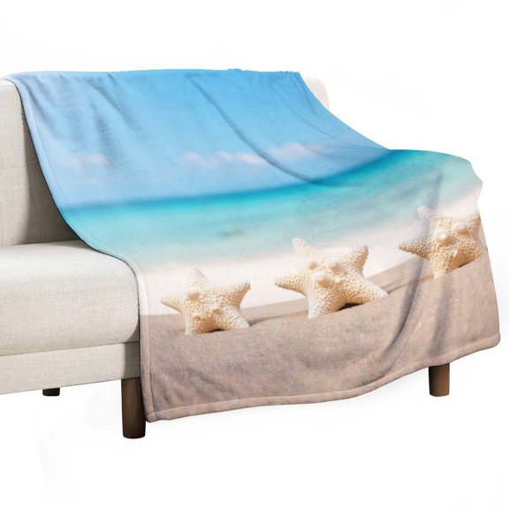 Three Starfish on Sandy Beach Throw Blanket Warm Microfiber Flannel Bedroom Decor Blankets For Beds