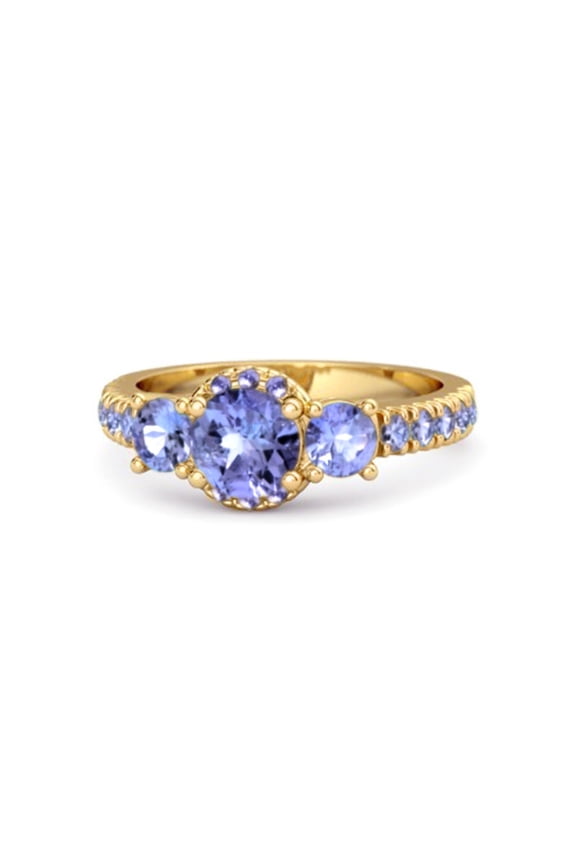 0.92 Cts Round Tanzanite 925 Sterling Silver Gold Vermeil Three Stone Women Valentines Day Gifts Ring