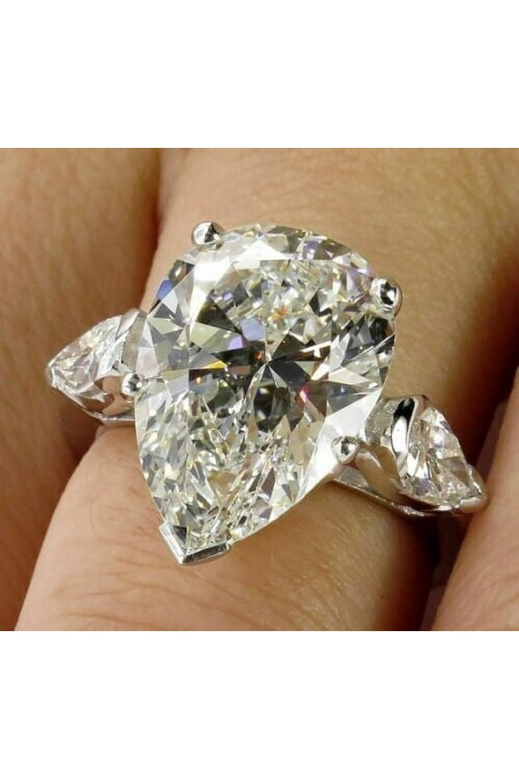 Three Stone 3.00 Ct Pear Cut Real Treated Diamond Engagement Ring Solid 14K White Gold