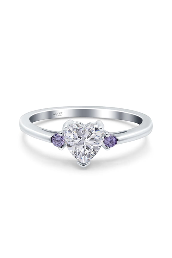 Three Stone Art Deco Heart Bridal Set Ring Round Amethyst CZ 925 Sterling Silver Size 4