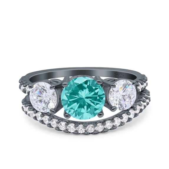 Three Stone Art Deco Piece Ring Round Black Tone Paraiba Tourmaline CZ 925 Sterling Silver Size 10