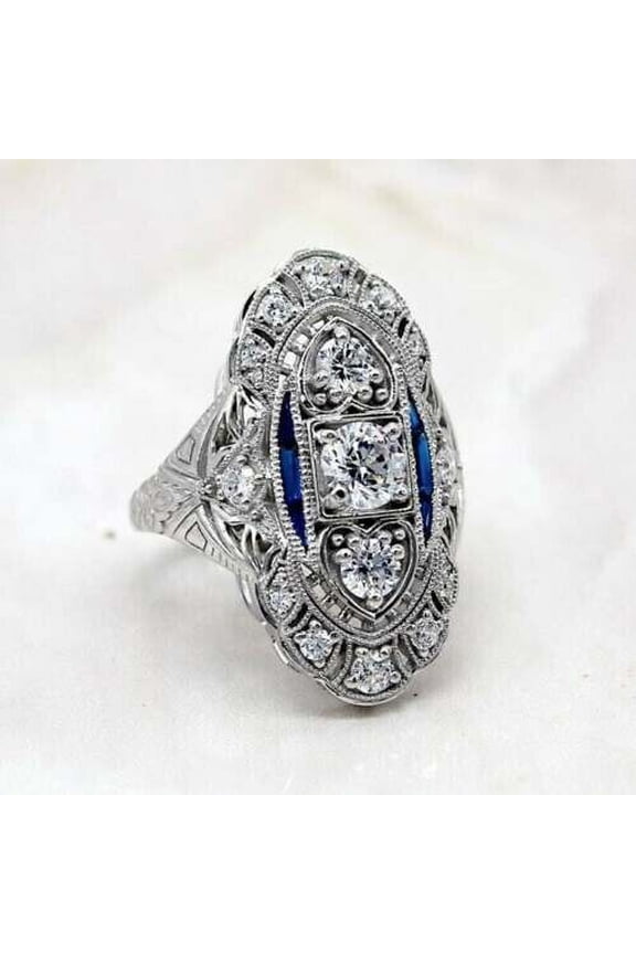 Three Stone Art Deco Vintage Anniversary Ring, Split Shank Bridal Wedding Ring, 2.2 Ct Round Cut Simulated Diamond, 14K White Gold Plated, Edwardian Proposal Engagement Ring For Her Special Occasion