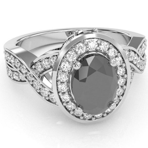 Three Stone Black Onyx Diamond Peekaboo Halo Engagement Ring In 14k White Gold