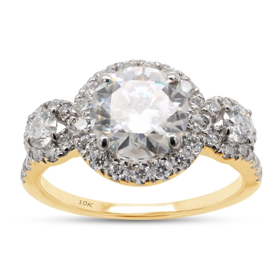Three Stone Design, 2 1/4 CTTW 7.5MM Center Round Cut Lab Created Moissanite Diamond Halo Engagement Ring For Women In 10K Solid Yellow Gold (G-H Color, VVS1 Clarity, 2.25 Cttw)-10
