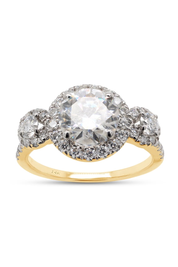 Three Stone Design, 2 1/4 CTTW 7.5MM Center Round Cut Lab Created Moissanite Diamond Halo Engagement Ring For Women In 14K Solid Yellow Gold (G-H Color, VVS1 Clarity, 2.25 Cttw)-4
