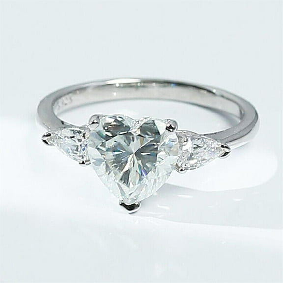 Three Stone Diamond Engagement Wedding Ring, Heart and Pear Cut Diamond Ring, Past Present Future Ring, 925 Sterling Silver, 2.2 Ct Simulated Diamond, Forever One Gift Ring