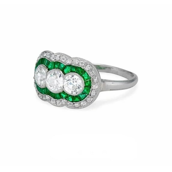 Three Stone Duble Halo Cocktail Engagement Ring For Women 1.9 Ct Diamond 14K White Gold Over