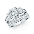 thumbnail image 1 of Three Stone Emerald CZ Engagement Ring & Wedding Band 14k White Gold Bridal Rings Set Side Stone Size 8.5, 1 of 1