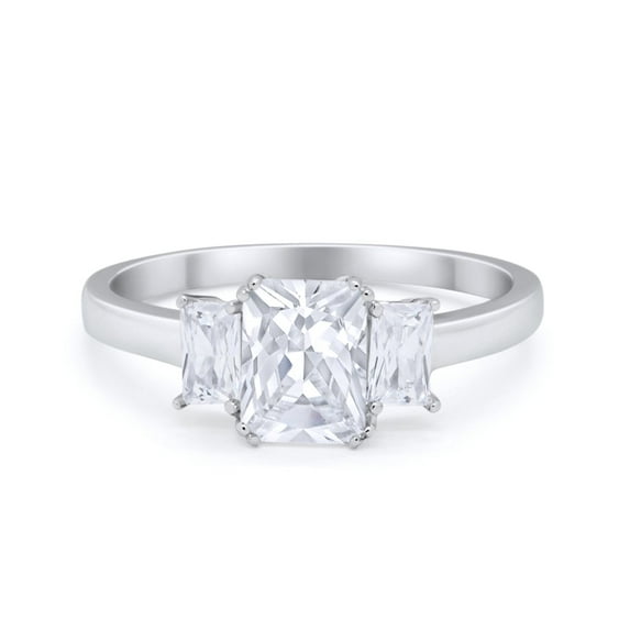 Three Stone Emerald Cut Ring CZ 925 Sterling Silver Size 5