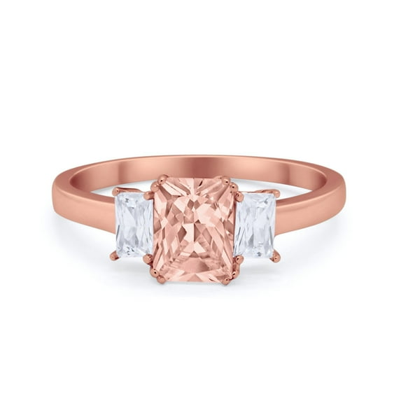Three Stone Emerald Cut Ring Rose Tone Morganite CZ 925 Sterling Silver Size 5