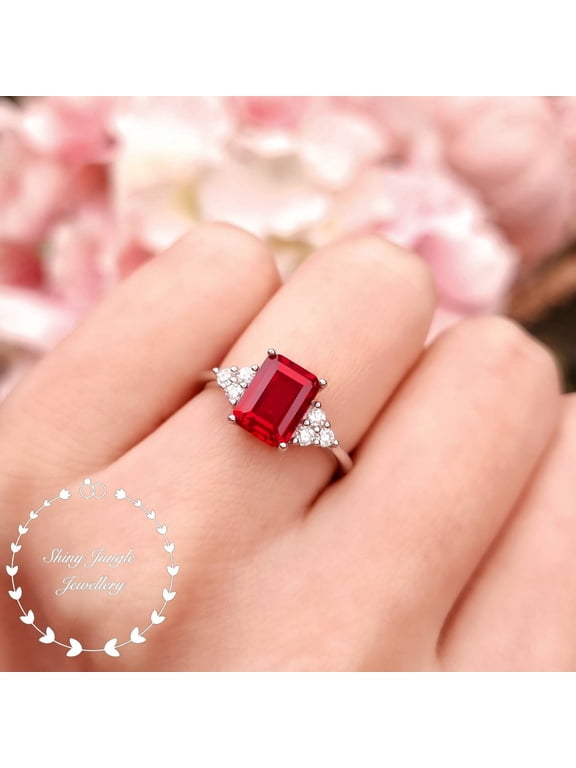 Three Stone Emerald Cut Ruby Engagement Ring, Genuine Lab Grown Pigeons Blood Ruby Promise Ring,
