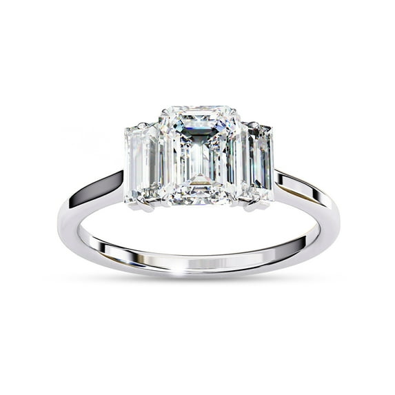 Three Stone Engagement Ring Foe Women | Center 7x5mm Emerald Cut Lab Created Moissanite Promise Rings in 10K Solid White Gold Jewelry Gift for Her, Ring Size 8.5