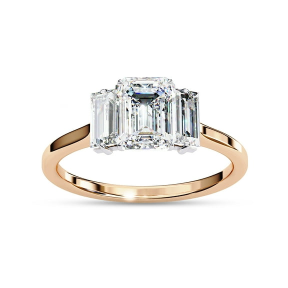 Three Stone Engagement Ring Foe Women | Center 7x5mm Emerald Cut Lab Created Moissanite Promise Rings in 14K Rose Gold Over Sterling Silver Jewelry Gift for Her, Ring Size 6.5