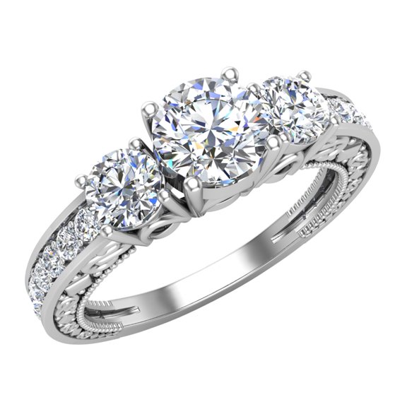 Three-Stone Engagement Ring Vintage Style Past Present Future Diamond Ring 18K White Gold 1.40 CT TW (G,VS2)
