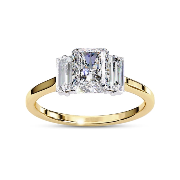 Three Stone Engagement Ring for Women | Center 7x5mm Radiant Cut Lab Created Moissanite Promise Rings in 14K Yellow Gold Over Sterling Silver Jewelry Gift for Her, Ring Size 5.5