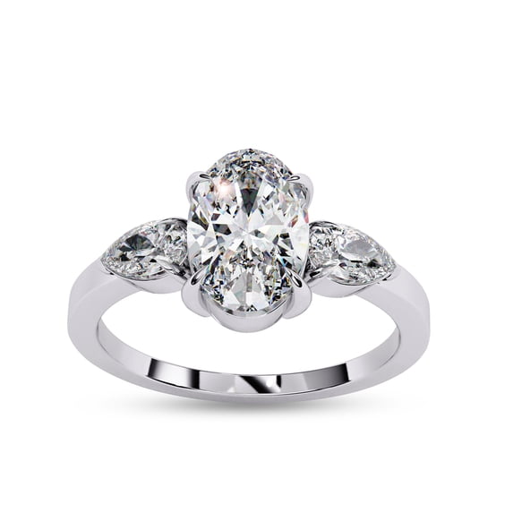 Three Stone Engagement Ring for Women | Center 9x6mm Oval Cut Lab Created Moissanite Promise Ring in 14K White Gold Over Sterling Silver Jewelry Gift for Her, Ring Size 6.5