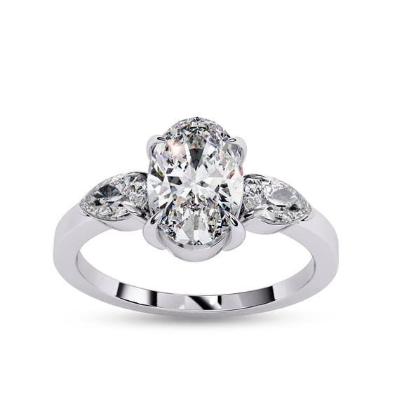 Three Stone Engagement Ring for Women | Center 9x6mm Oval Cut Lab Created Moissanite Promise Ring in 14K White Gold Over Sterling Silver Jewelry Gift for Her, Ring Size 9.5
