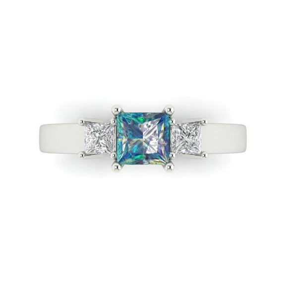 Three-Stone Engagement Ring for Women - 1.11ct Blue Moissanite in 14K White Gold Promise Ring