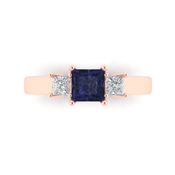 Three-Stone Engagement Ring for Women - 1.11ct Simulated Blue Sapphire in 14K Rose Gold Promise Ring