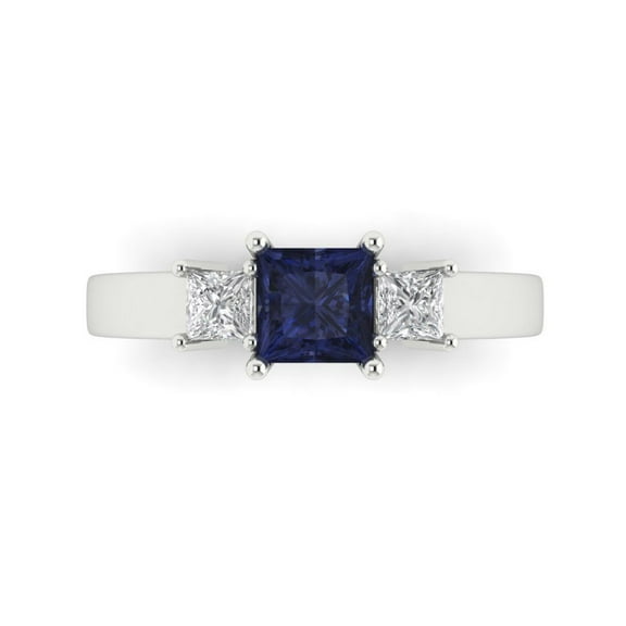 Three-Stone Engagement Ring for Women - 1.11ct Simulated Blue Sapphire in 18K White Gold Promise Ring