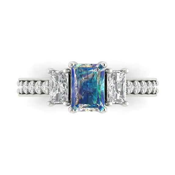 Three-Stone Engagement Ring for Women - 1.88ct Blue Moissanite in 18K White Gold Promise Ring