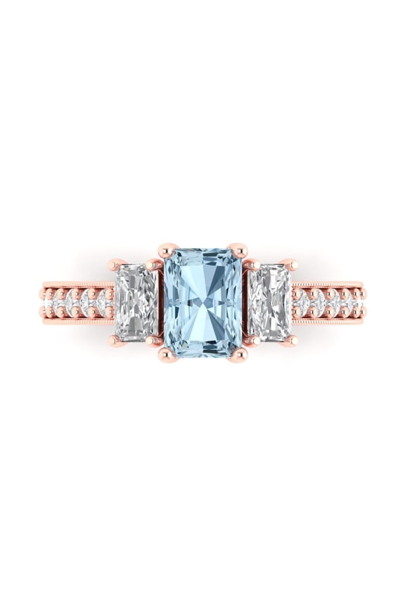 Three-Stone Engagement Ring for Women - 1.88ct Simulated Blue Diamond in 14K Rose Gold Promise Ring
