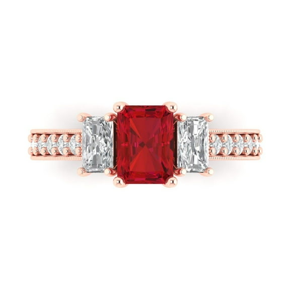 Three-Stone Engagement Ring for Women - 1.88ct Simulated Ruby in 18K Rose Gold Promise Ring