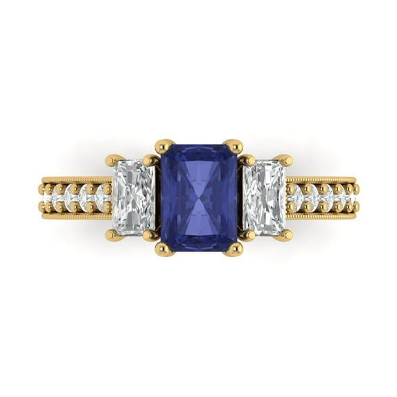 Three-Stone Engagement Ring for Women - 1.88ct Simulated Tanzanite in 14K Yellow Gold Promise Ring