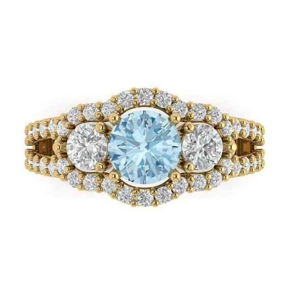 Three-Stone Engagement Ring for Women - 2.16ct Natural Aquamarine in 14K Yellow Gold Promise Ring