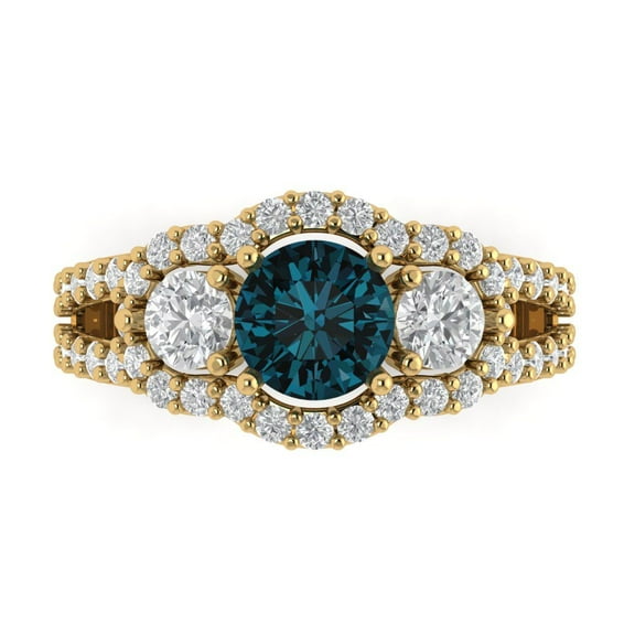 Three-Stone Engagement Ring for Women - 2.16ct Natural London Blue Topaz in 14K Yellow Gold Promise Ring