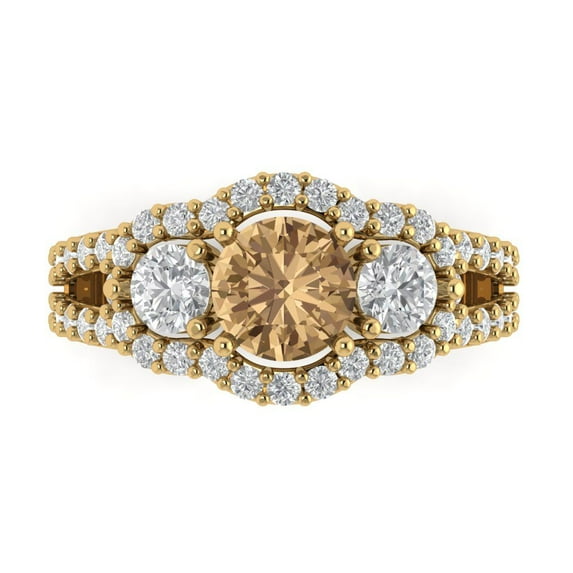 Three-Stone Engagement Ring for Women - 2.16ct Simulated Champagne Diamond in 14K Yellow Gold Promise Ring