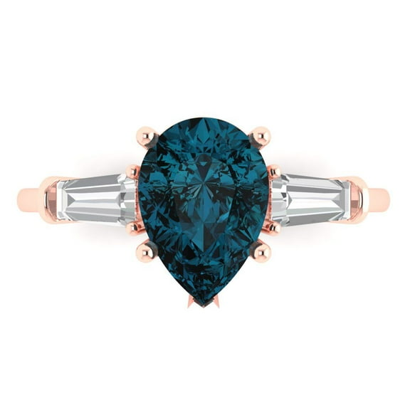 Three-Stone Engagement Ring for Women - 2.5ct Natural London Blue Topaz in 14K Rose Gold Promise Ring