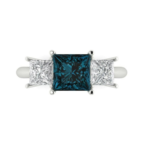 Three-Stone Engagement Ring for Women - 2.5ct Natural London Blue Topaz in 14K White Gold Promise Ring