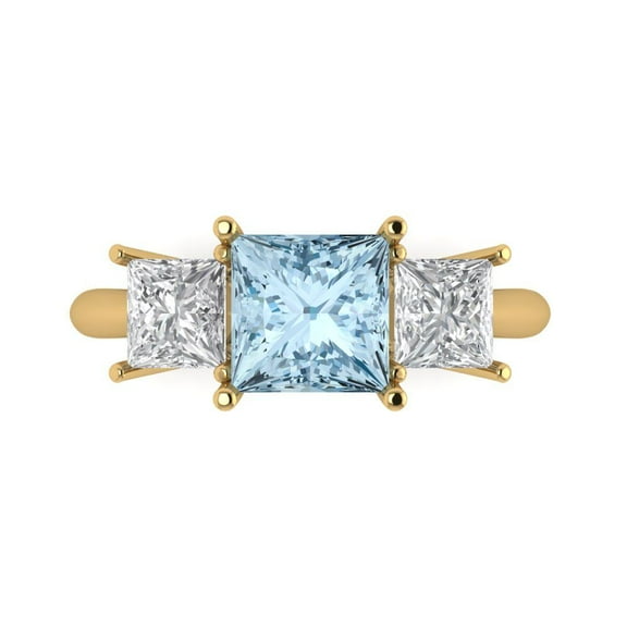 Three-Stone Engagement Ring for Women - 2.5ct Natural Swiss Blue Topaz in 14K Yellow Gold Promise Ring