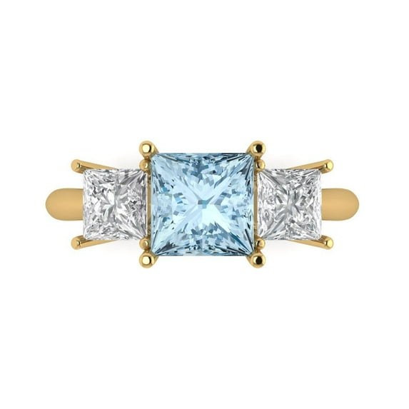 Three-Stone Engagement Ring for Women - 2.5ct Natural Swiss Blue Topaz in 18K Yellow Gold Promise Ring