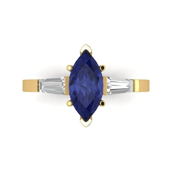 Three-Stone Engagement Ring for Women - 2ct Simulated Tanzanite in 14K Yellow Gold Promise Ring