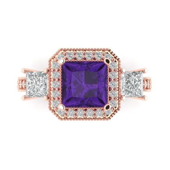 Three-Stone Engagement Ring for Women - 3.005ct Natural Amethyst in 14K Rose Gold Promise Ring