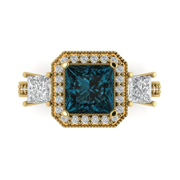 Three-Stone Engagement Ring for Women - 3.005ct Natural London Blue Topaz in 14K Yellow Gold Promise Ring