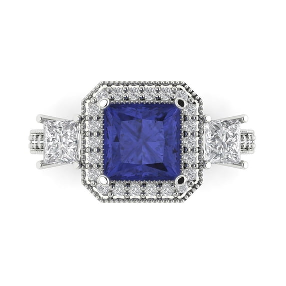 Three-Stone Engagement Ring for Women - 3.005ct Simulated Tanzanite in 14K White Gold Promise Ring