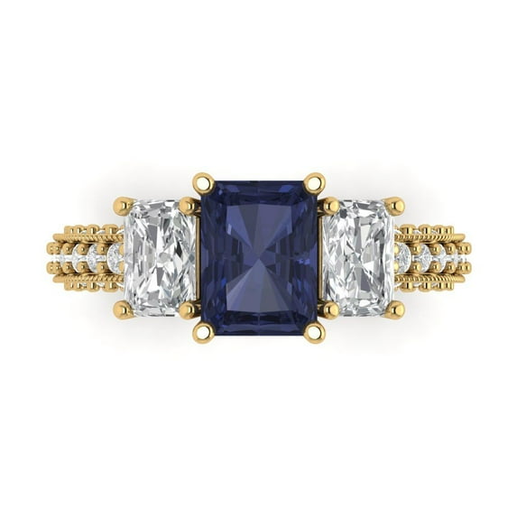 Three-Stone Engagement Ring for Women - 3.61ct Simulated Blue Sapphire in 14K Yellow Gold Promise Ring