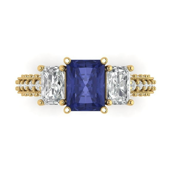 Three-Stone Engagement Ring for Women - 3.61ct Simulated Tanzanite in 14K Yellow Gold Promise Ring