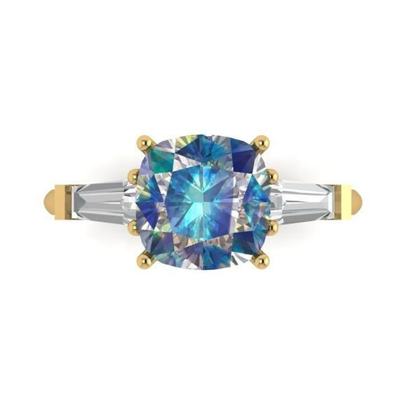 Three-Stone Engagement Ring for Women - 3ct Blue Moissanite in 18K Yellow Gold Promise Ring