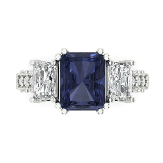 Three-Stone Engagement Ring for Women - 4.27ct Simulated Blue Sapphire in 14K White Gold Promise Ring