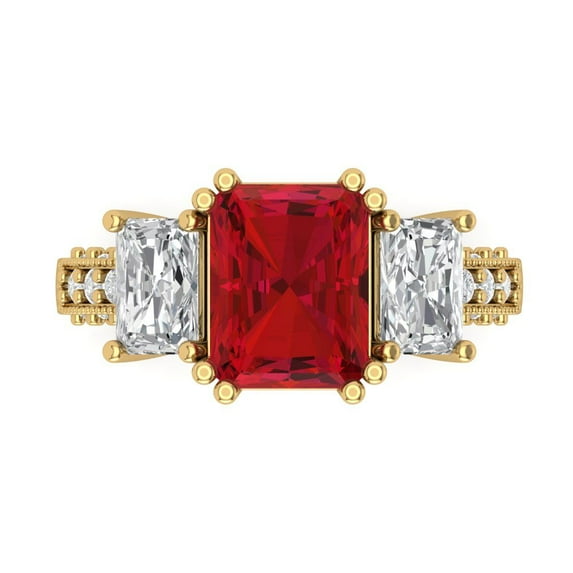 Three-Stone Engagement Ring for Women - 4.27ct Simulated Ruby in 14K Yellow Gold Promise Ring