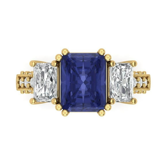 Three-Stone Engagement Ring for Women - 4.27ct Simulated Tanzanite in 14K Yellow Gold Promise Ring