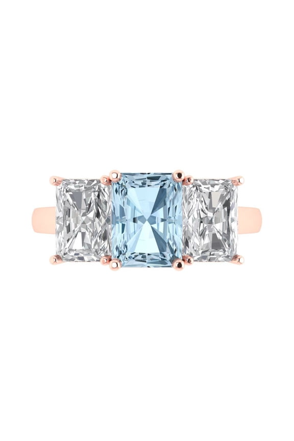 Three-Stone Engagement Ring for Women - 4ct Natural Aquamarine in 14K Rose Gold Promise Ring