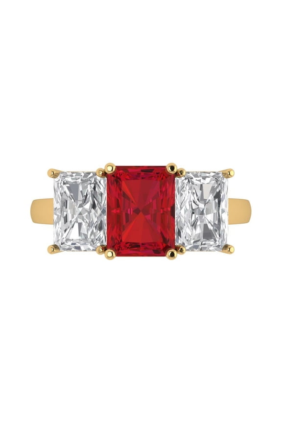 Three-Stone Engagement Ring for Women - 4ct Simulated Ruby in 14K Yellow Gold Promise Ring