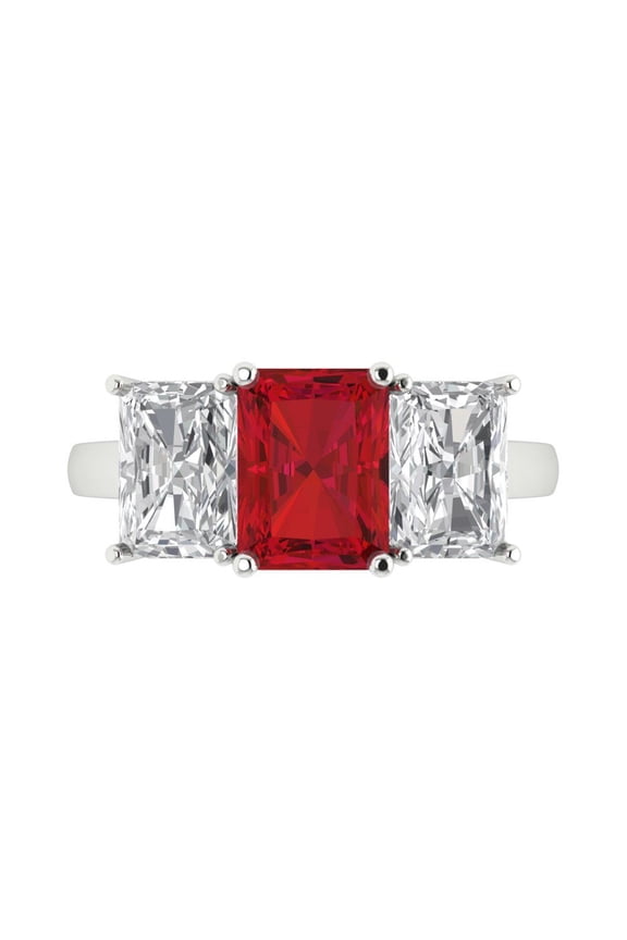 Three-Stone Engagement Ring for Women - 4ct Simulated Ruby in 18K White Gold Promise Ring